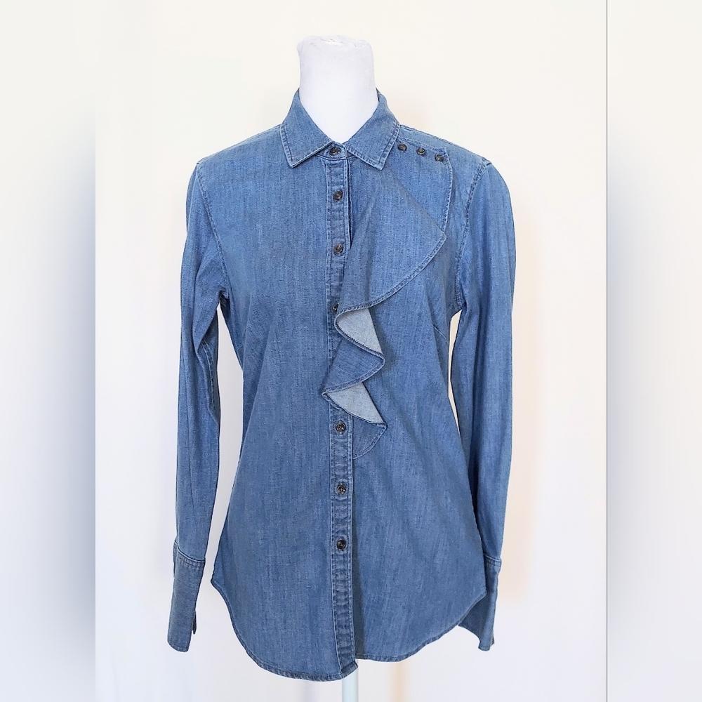 Banana Republic Riley Asymmetric Ruffle Fitted Shirt Blue Denim Jean Size 4